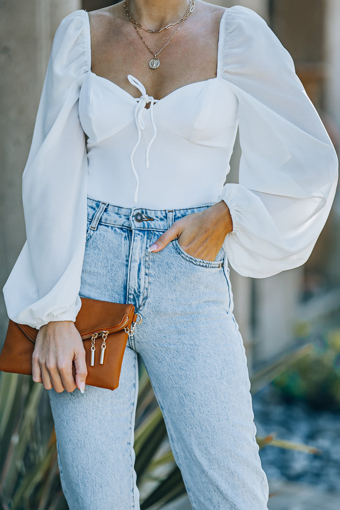 White Criss Cross Backless Puff Sleeve Bodysuit