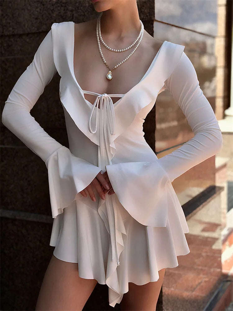 Tossy Ruffled Lace-Up White Mini Dress Women's V-Neck Patchwork Long Sleeve Sexy Slim Dress Bandage Elegant Female Summer Dress