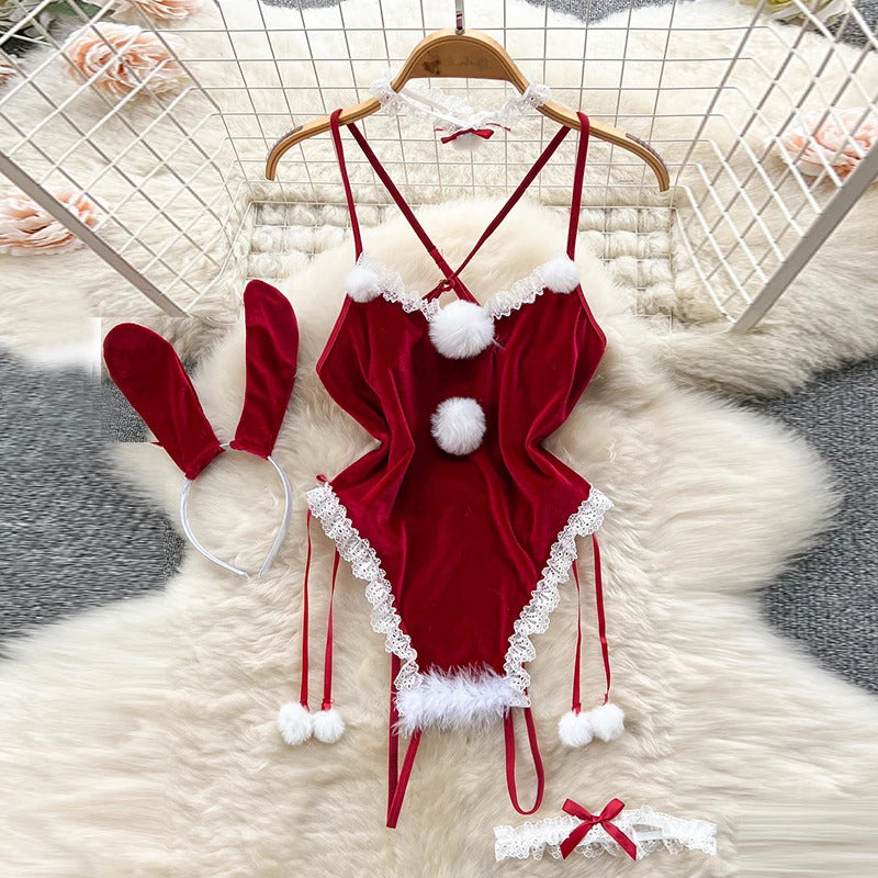 Winter Patchwork Christmas Hotsweet Women's Short Dress Sexy Bodycone Plush Red Dress Cross Strap Halter Neck Erotic Mini Dress