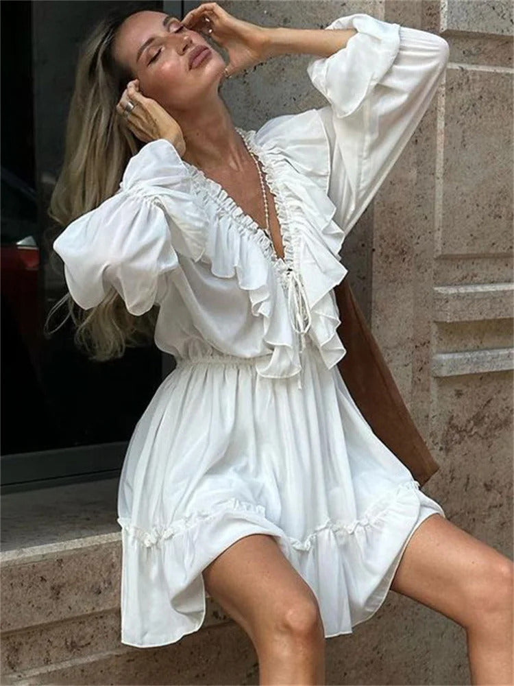 Tossy Ruffled V-Neck White Mini Dress Female Patchwork Long Sleeve Elegant Bandage Fashion Dress High Waist Lace-Up Women Dress