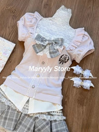 Japanese Sweet Preppy Style Skirt Set Women Kawaii Lace Patchwork Bow Tops + Y2k Plaid Mini Skirt Elegant Outifits 2 Piece Set