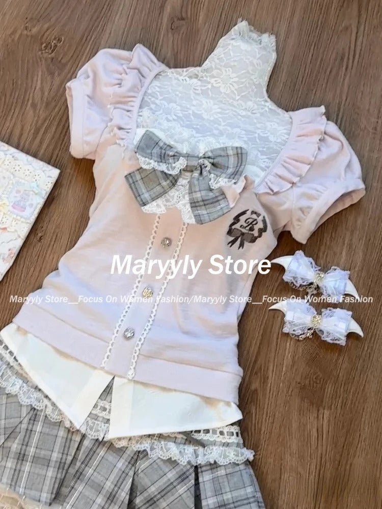 Japanese Sweet Preppy Style Skirt Set Women Kawaii Lace Patchwork Bow Tops + Y2k Plaid Mini Skirt Elegant Outifits 2 Piece Set