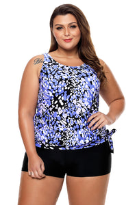 Bluish Dewdrop Print Blouson Tankini Swimsuit