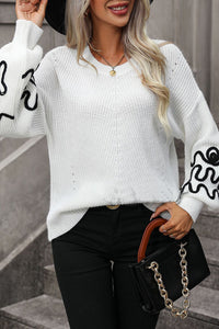 White Abstract Crochet Bubble Sleeve Loose Sweater