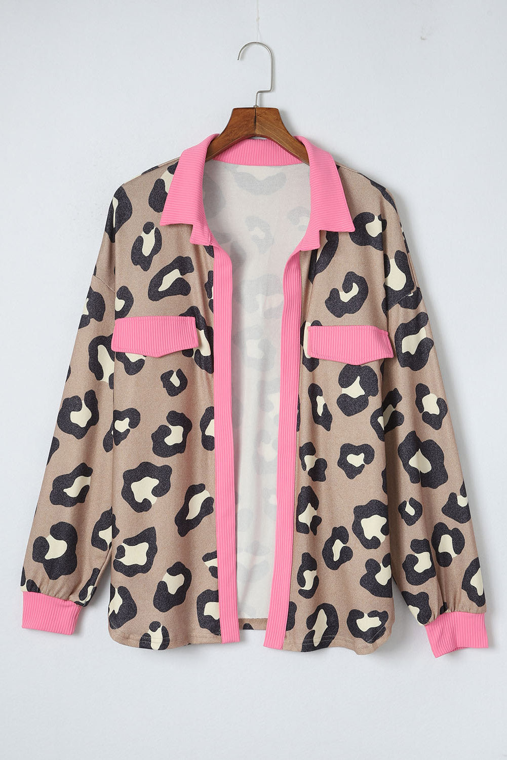 Leopard Ribbed Contrasting Trim Collared Jacket