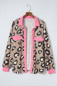 Leopard Ribbed Contrasting Trim Collared Jacket