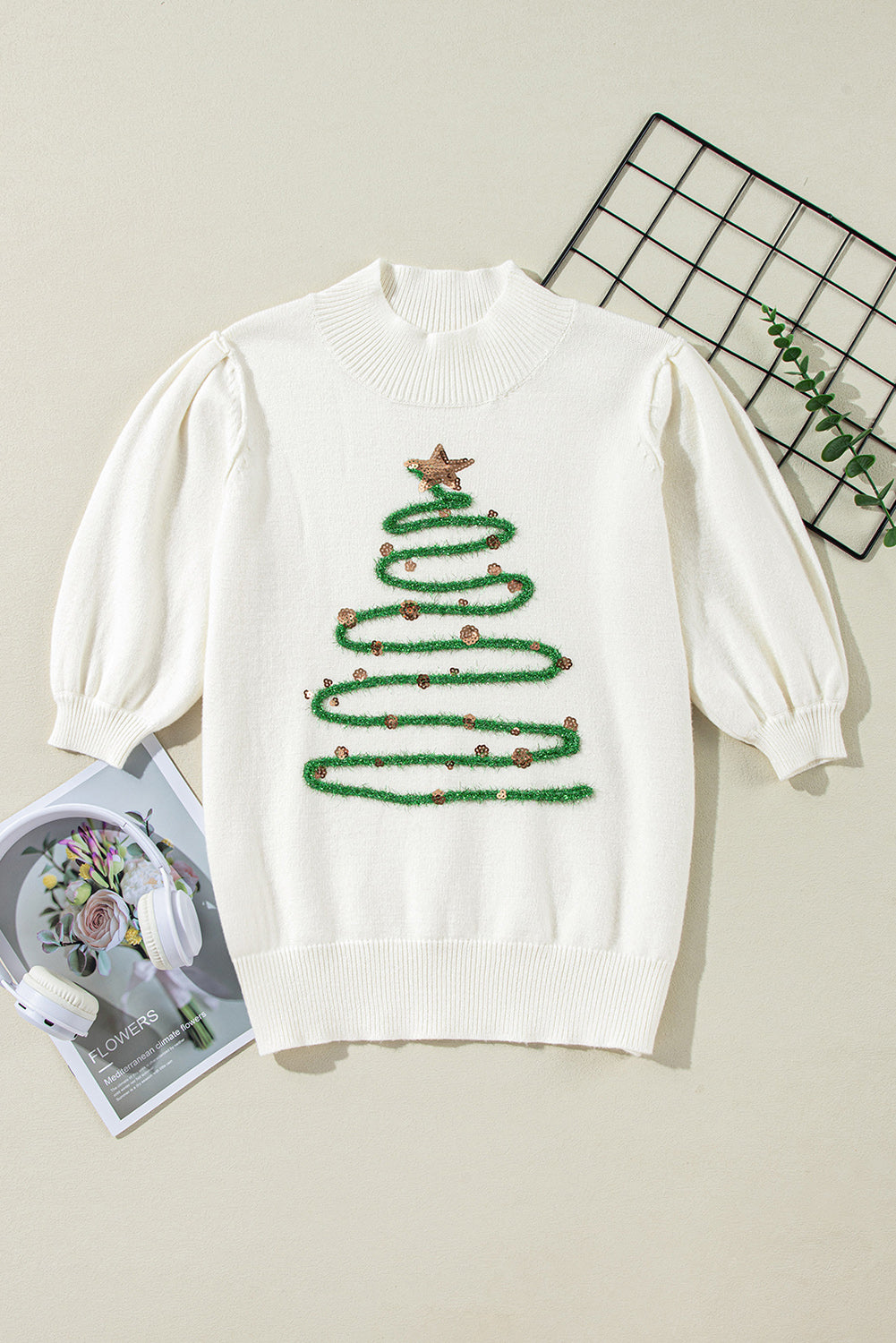 White Tinsel Christmas Tree Graphic Puff Sleeve Sweater