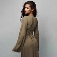 Long Flare Sleeved Maxi Floor-Length Dress Summer Solid Fashion Casual Office Lady Dresses for Women Slim Sexy Lace-up Vestidos