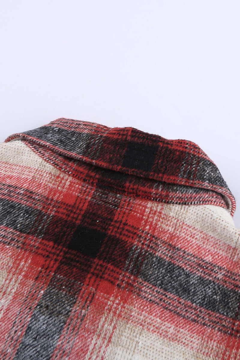 Fiery Red Turn down Neck Plaid Pocket Button Closure Coat