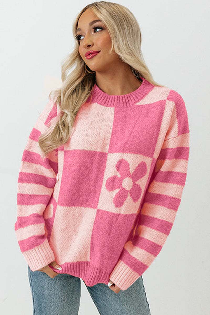 Orchid Petal Checkered Floral Print Striped Sleeve Sweater