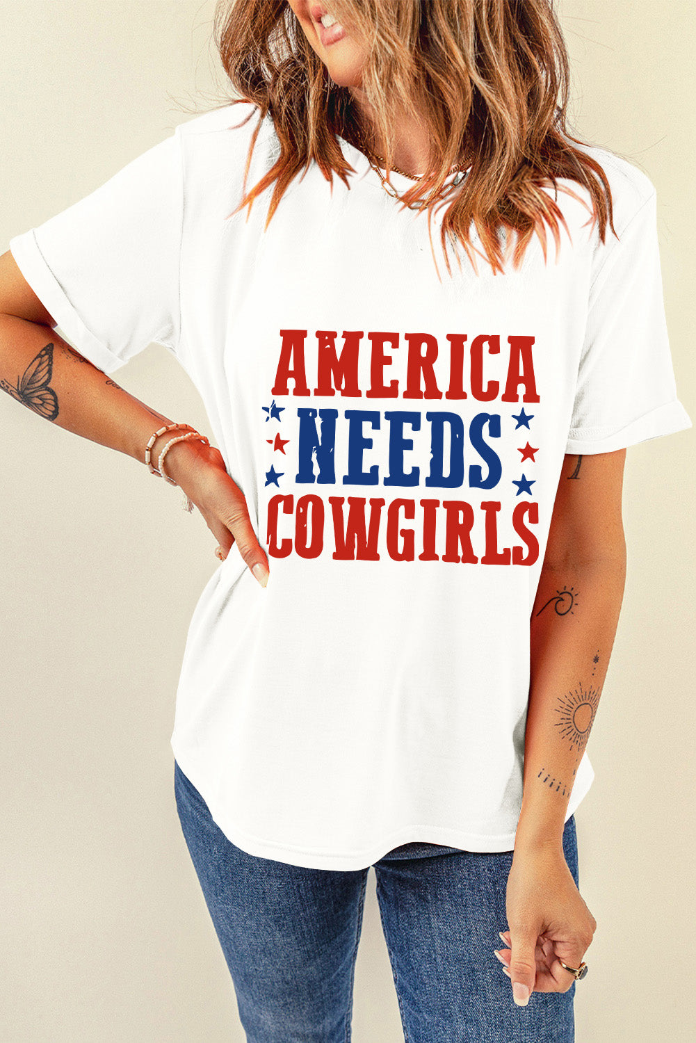 White America Needs Cowgirls Crew Neck Graphic Tee