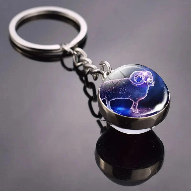 12 Constellation Key Chain Luminous Double Sided Glass Ball Pendant 12 Zodiac Key Chain Fashion Birthday Gift for Men and Women