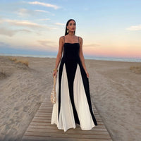 Sexy Women Contrasting Patchwork Sling Dress Elegant Slim Sleeveless Maxi Vestidos 2024 Summer Female Evening Party Robes