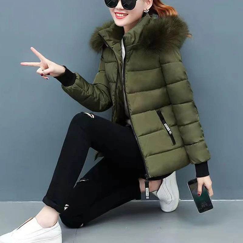 Zipper Fur Hooded Short Down Cotton Jacket Thickened Coat Fall Winter Casual Elegant Long Sleeve Warm Pockets Women Clothing New