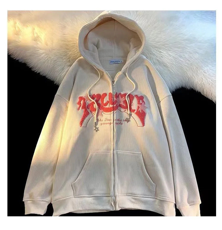 Fashion Embroidery Zip Up Hoodies Women Autumn Long Sleeve Tops Loose Hood Shirt Harajuku Y2K Clothes Female Sweatshirt Jacket