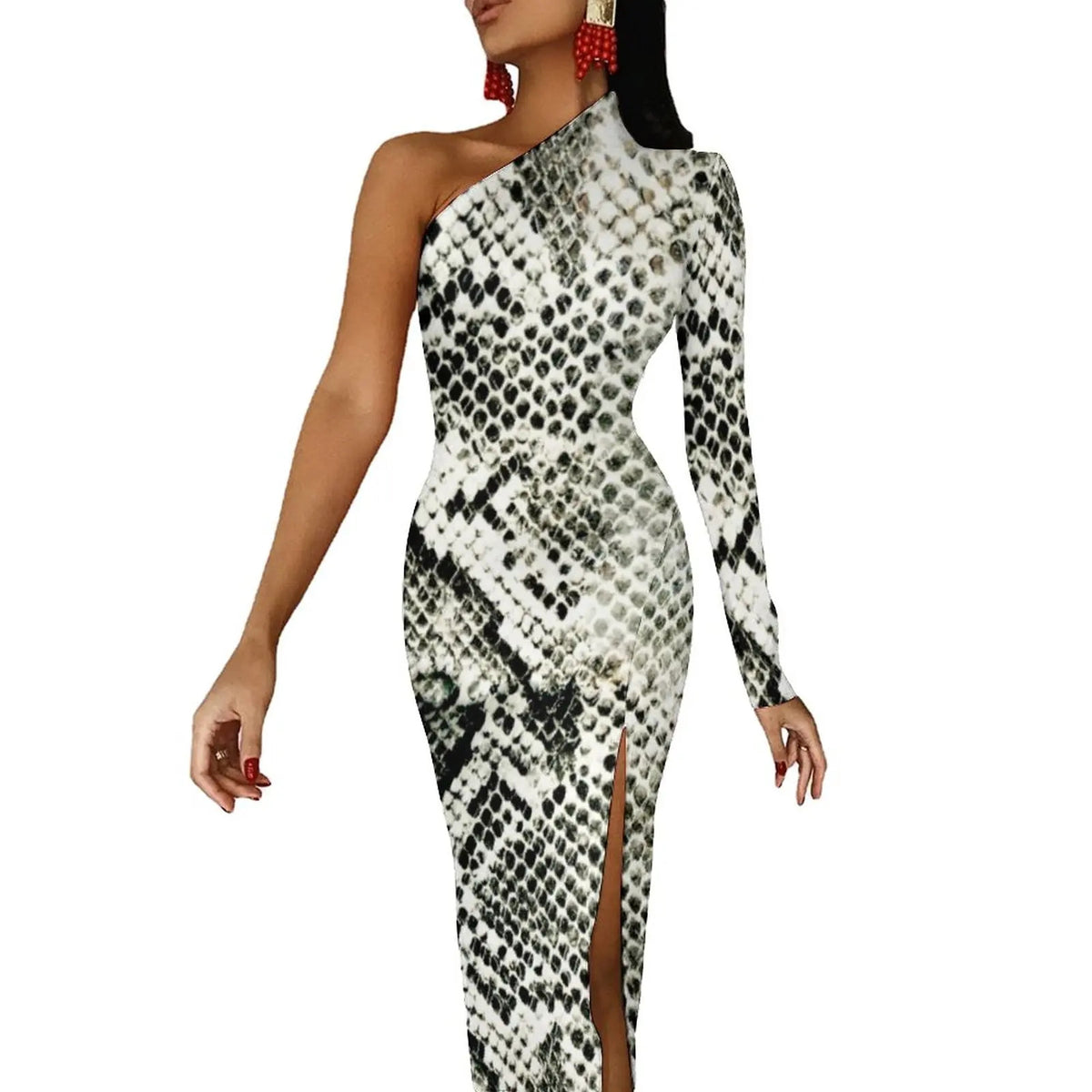 Snakeskin Bodycon Dress Summer Greys and Silvers Retro High Slit Long Dresses Long Sleeve Graphic Aesthetic Dress