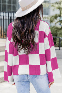 Bright Pink Checkered Round Neck Baggy Sweater