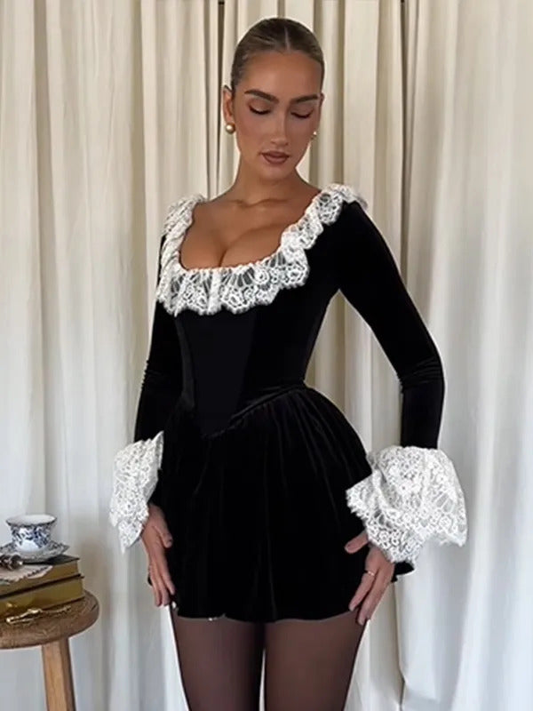 Sexy Lace Flare Long Sleeve Mini Dress Women Fashion Black Square Collar High Waist A-line Dresses 2024 Lady Evening Party Gown