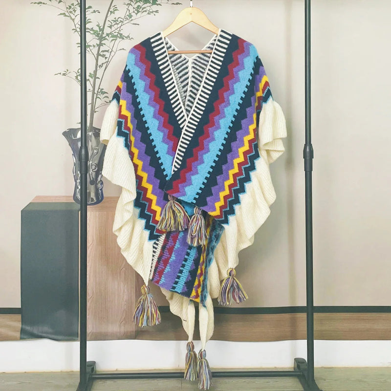 Women Ethnic Style Poncho Capes Ladies Fashion Stripe Colorful Knit Oversized Poncho Wrap Fringed Shawl Bohemian