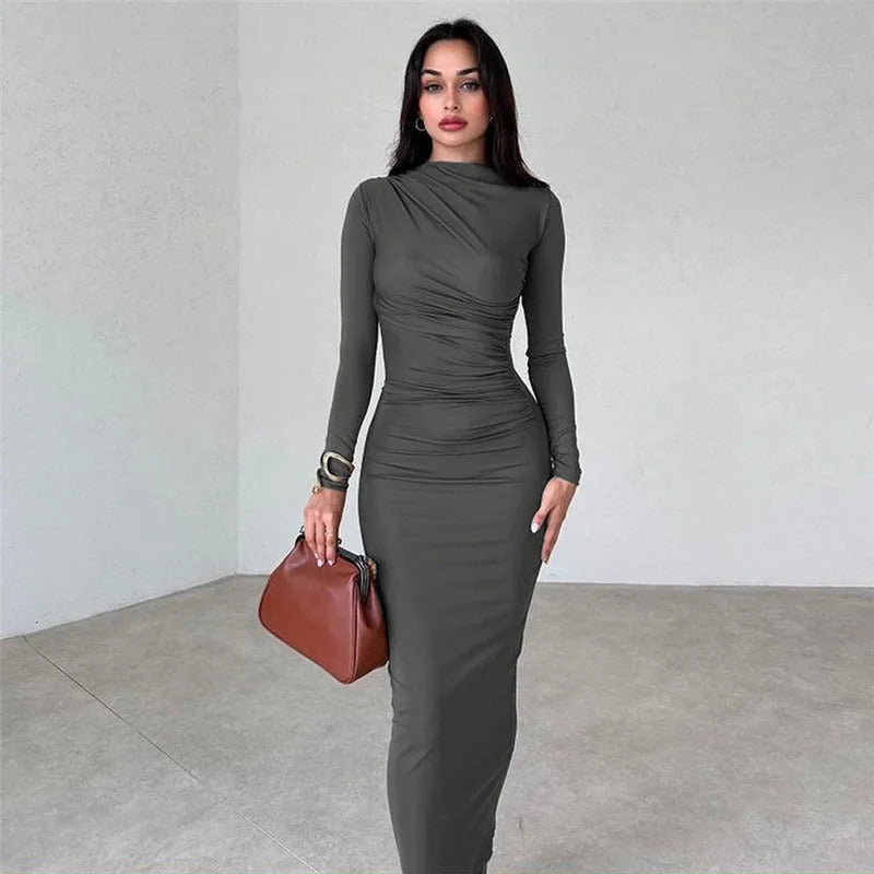 Cryptographic Autumn Elegant Ruched Long Bodycon Dress Fashion Outfits for Women Club Party Slinky Sexy Dresses Birthday Robes