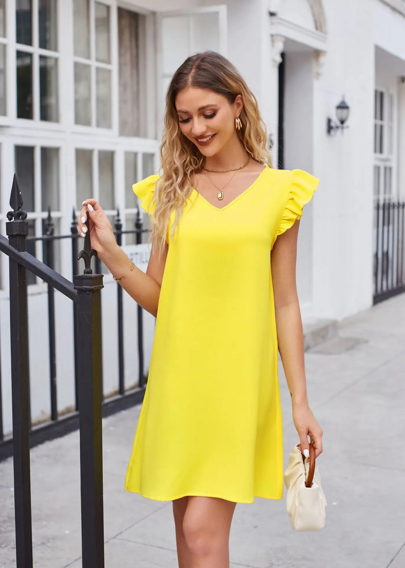 Summer Women's New Product V-neck Bubble Sleeves Loose Fashion Dress Female Yellow Solid A-Line Mini Dress Femme Robe Streetwear