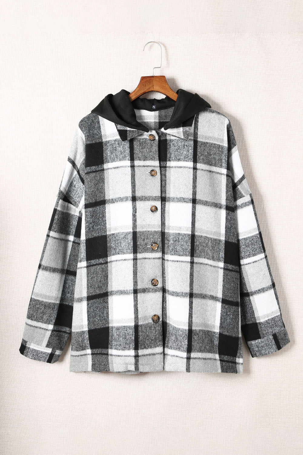 Gray Hooded Plaid Button Front Shacket