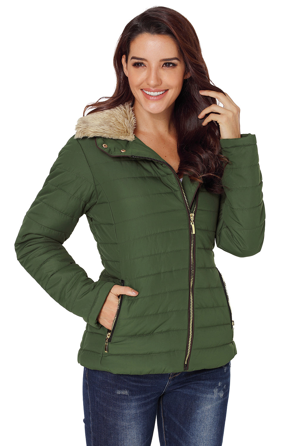 Army Green Faux Fur Collar Trim Black Quilted Jacket