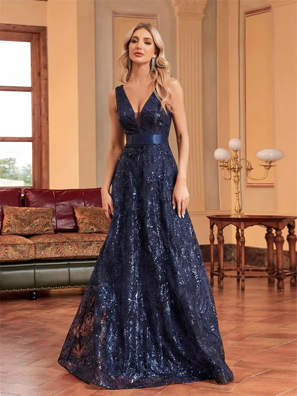 Lucyinlove Luxury Sexy Deep V-Neck Sequins Blue Evening Dresses Women Elegant V-back Wedding Party Long Prom Cocktail Dress