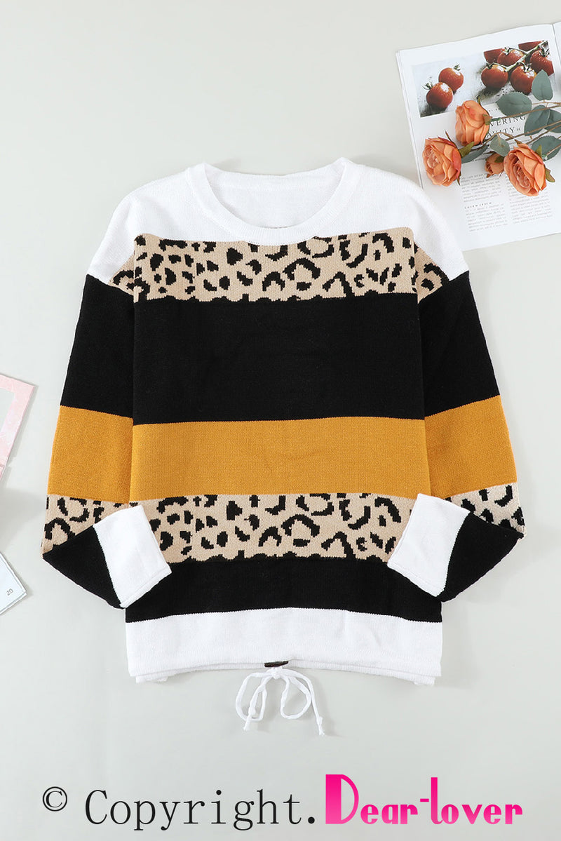 Crewneck Leopard Color Block Knit Pullover Sweater