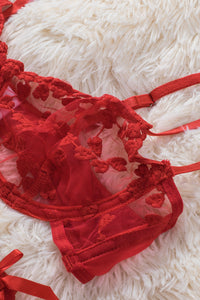 Red Heart Print Bowknot Decor Bralette Set