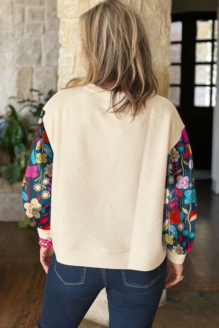 White Contrast Floral Sleeve Textured Drop Shoulder Knit Top