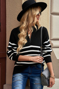 Black Striped Zipper Knit Sweater