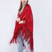 Women's Loose Suede Fringe Open Poncho Cloak Shawl Wrap with Punch Hole Patterns and Graceful Fringes Dropshipping