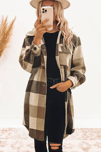 Chestnut Plaid Button-Down Flap Pocket Long Shacket