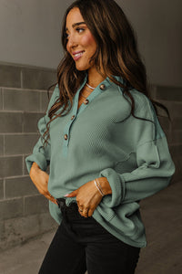 Smoke Green Waffle Long Sleeve Collar Half Button Loose Top