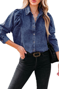 Blue Puff Sleeve Button-Up Denim Jacket