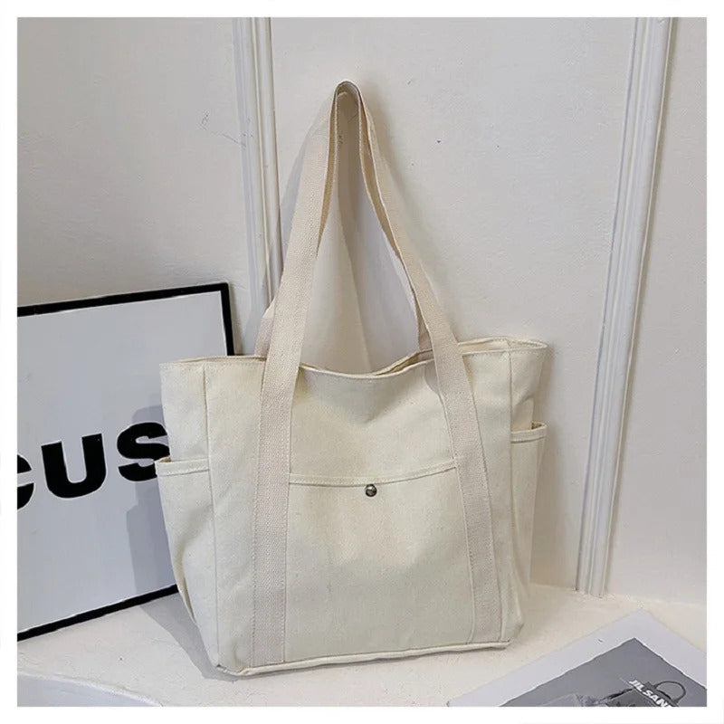 Preppy Style Shoulder Bag Unisex Large Capacity HandBag Casual Versatile Solid Canvas Bag Student Commuting Zipper Square Bag