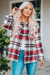 Blue Geometric Plaid Print Pocketed Shacket