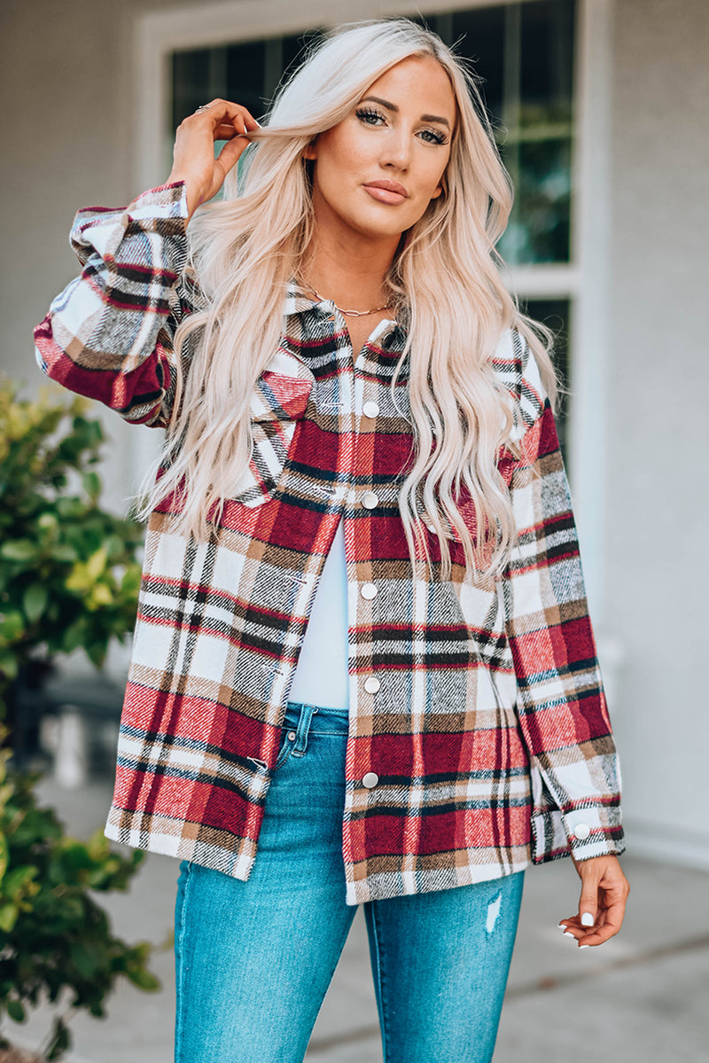 Blue Geometric Plaid Print Pocketed Shacket