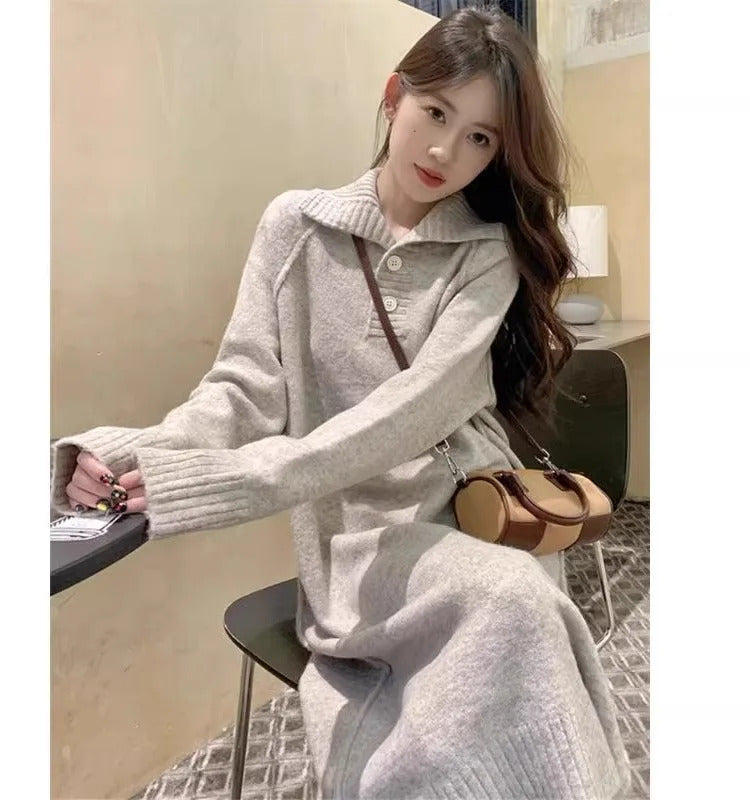 "A · Fashion" Autumn and Winter Knitted dress Polo Collar Loose Mid-Length French sle Dress