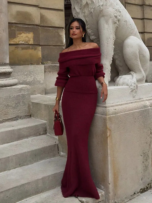 Women Burgundy Knitted Long Sweater Fashion Off-the-shoulder Pullover Long Dress Fall Winter Female Party Commuter Outfit