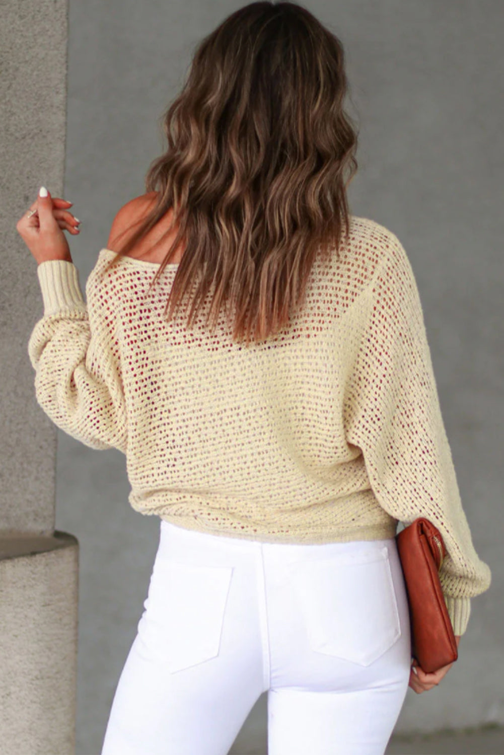 Apricot Sheer Openwork Knit Sweater