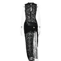 Sibybo Black Lace Long Dress For Women Sleeveless Hollow Out High Slit Bodycon Evening Dresses Sexy Slim Party Vestidos