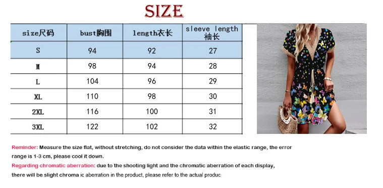 2024 New European and American Spring/Summer Printed Bat Sleeves Lace V-Neck Waist Wrap Short Sleeve Medium Length Dress