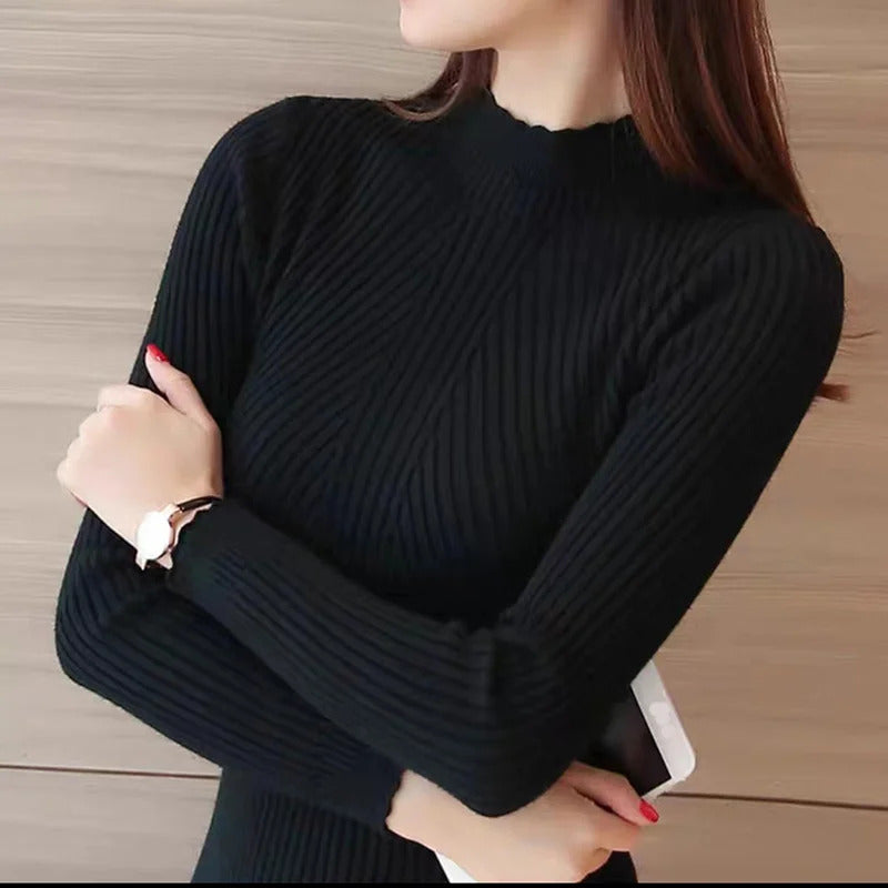 EVNISI Autumn Women Mock Neck Ruffles Sweater Long Sleeve Knitted Bottoming Solid Pullovers Stripe Women Casual Sweater Winter