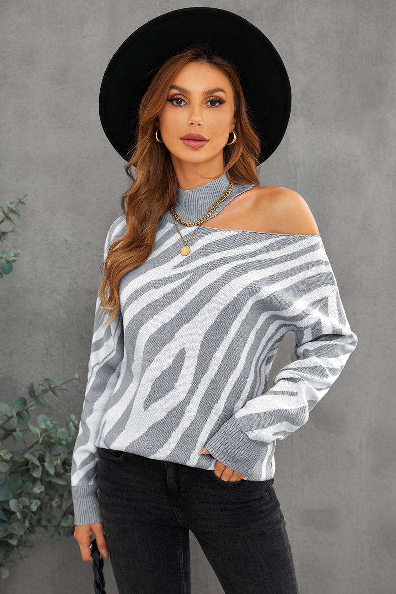 Gray Zebra Print Mock Neck Cold Shoulder Sweater