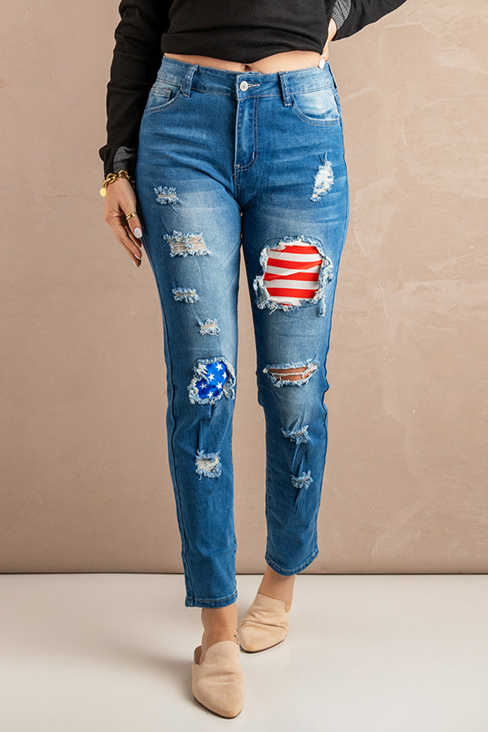 Vintage Stripes and Stars Patches Ripped Jeans