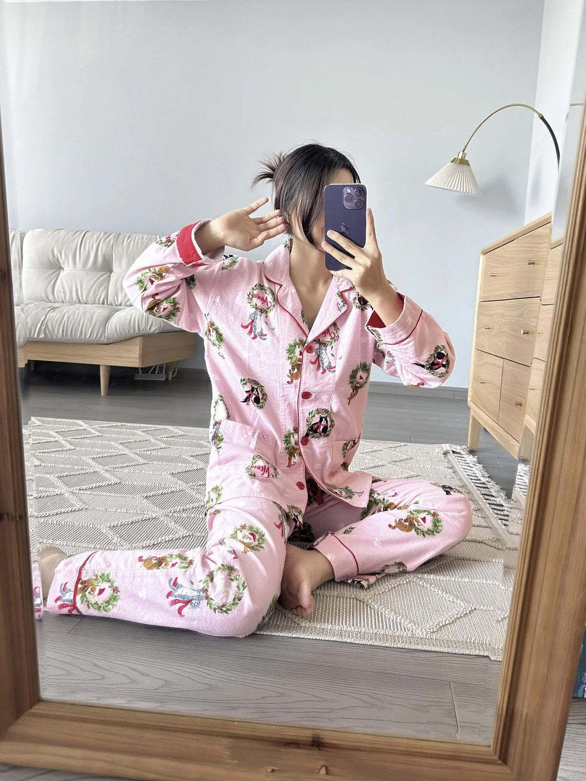 100% Cotton Pajamas for Women Loose Cartoon Long Sleeve Pants Loungewear Women 2 Piece Set Pj Women Outfit Sleepwear Set Pijamas