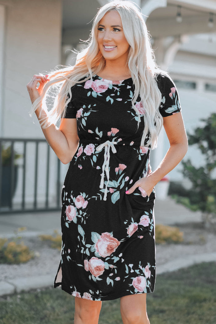 Black Short Sleeve Pocketed Drawstring Casual Floral Dress