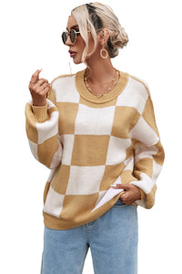 Orange Checkered Bishop Sleeve Sweater